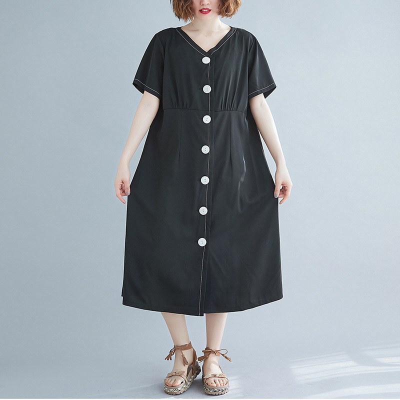 

Johnature Women Black Korean Style Dresses V-Neck Short Sleeve Button Summer Casual Women Dresses 210521