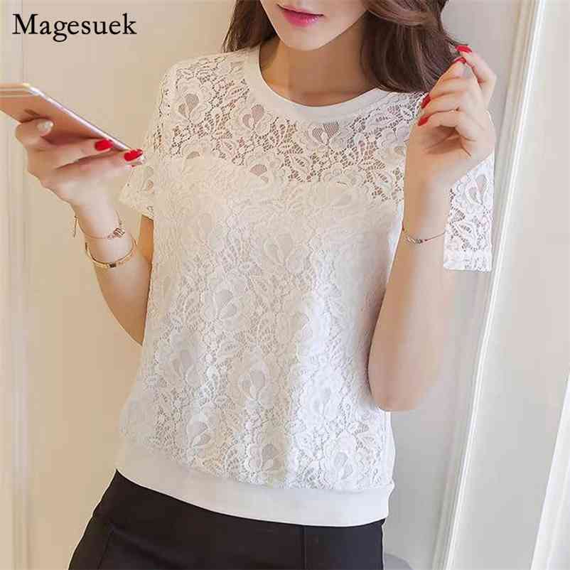 

Summer Short Sleeve Women Shirt Fashion Round Collar White Blouse Tops Bottoming with Lace Blouses 14413 210518