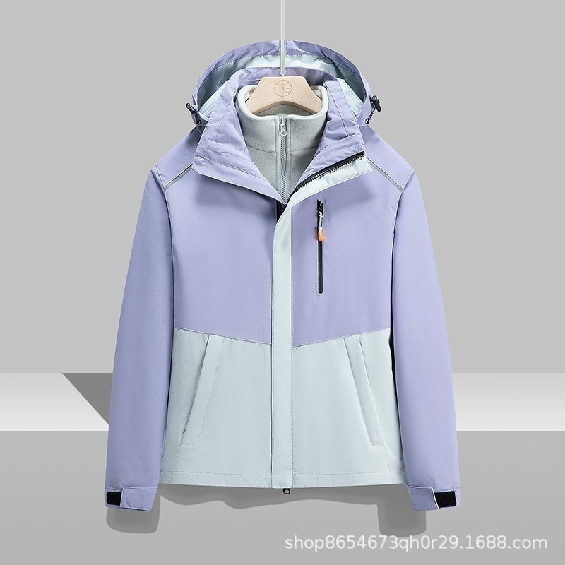 

High end outdoor stormsuit women's three in one Plush thickened detachable autumn and winter coat mountaineering suit men's fashion brand, Female edo purple