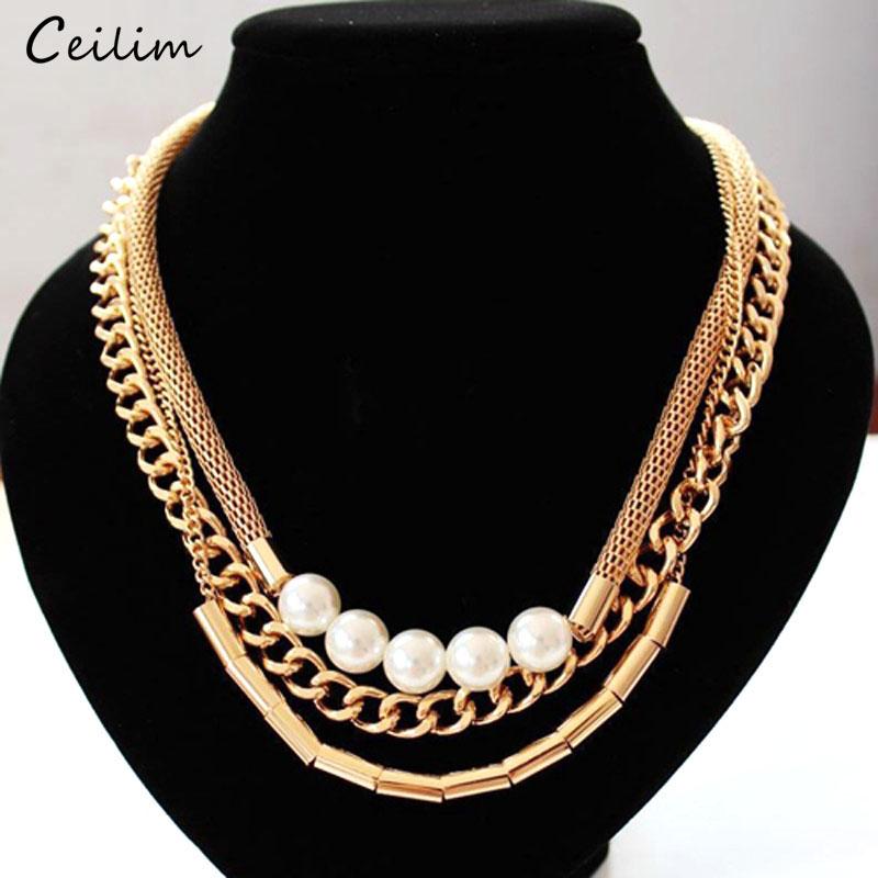 

Chokers High Quality Gold Color Big Layered Chunky Necklaces Women Fashion Metal Chain Simulated Pearl Choker Necklace Wedding Jewelry, Golden;silver