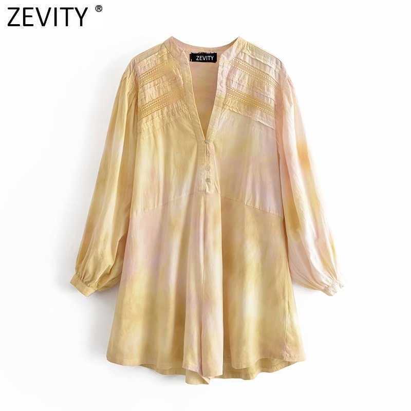 

Zevity Women Fashion V Neck Lace Patchwork Design Tie Dye Printing Playsuits Female Shorts Siamese Chic Casual Rompers P1096 210603, As pic p1096hh