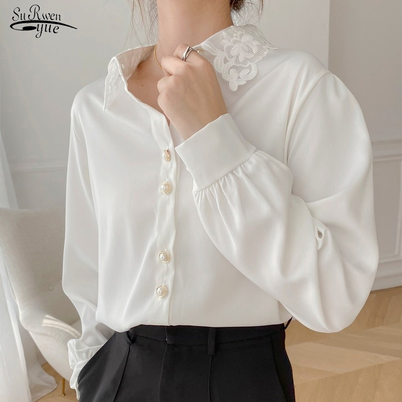 

Autumn Long Sleeve Embroidered White Chiffon Shirts Women Elegant OL Tops Simple All-match Cardigan Chemisier Femme 11430 210521