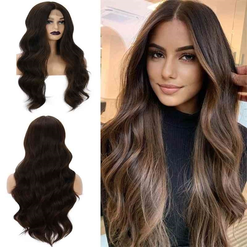 

female long curly Wig hair chemical fiber headgear hand woven front lace natural wind Xuchang wig, Medium brown