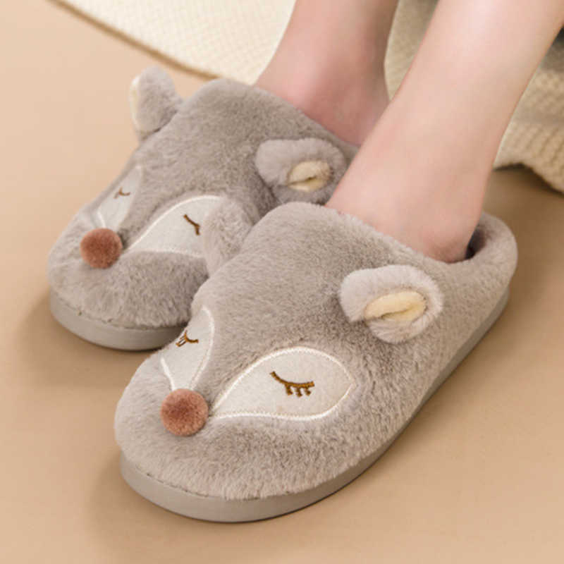

House Cute Fox Women Fur Slippers Winter Warm Plush Bedroom Ladies Flat Shoes Indoor Memory Foam Fluffy Slippers Female H0827, Watermelon red