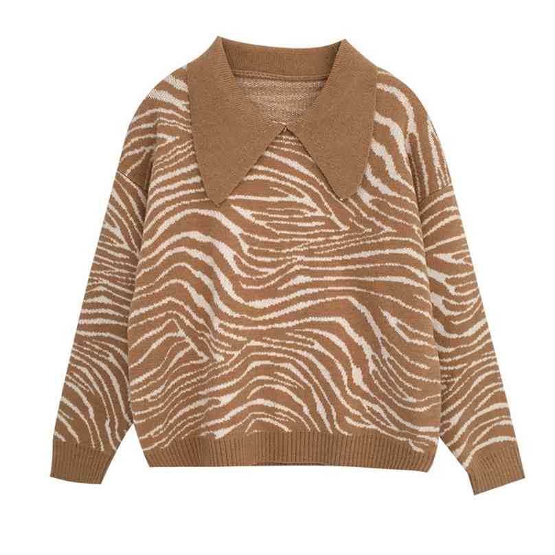 

Women Vintage Zebra Sweater Autumn Winter Long Sleeved Turn Down Collar Short Pullover Sweaters Korean Fashion Knit Top 210525, Grey