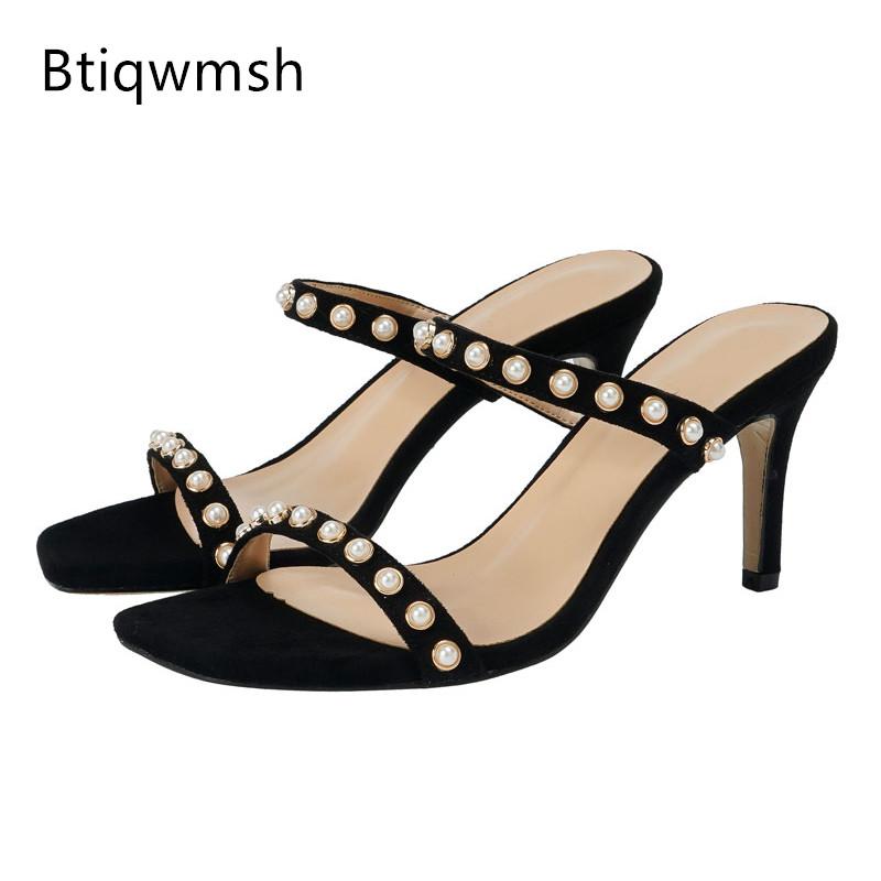 

Est Pearl Slippers Women Open Toe Double Belt Rivet Strap High Heel Shoes Woman Sexy Gladiator Sandals, Black