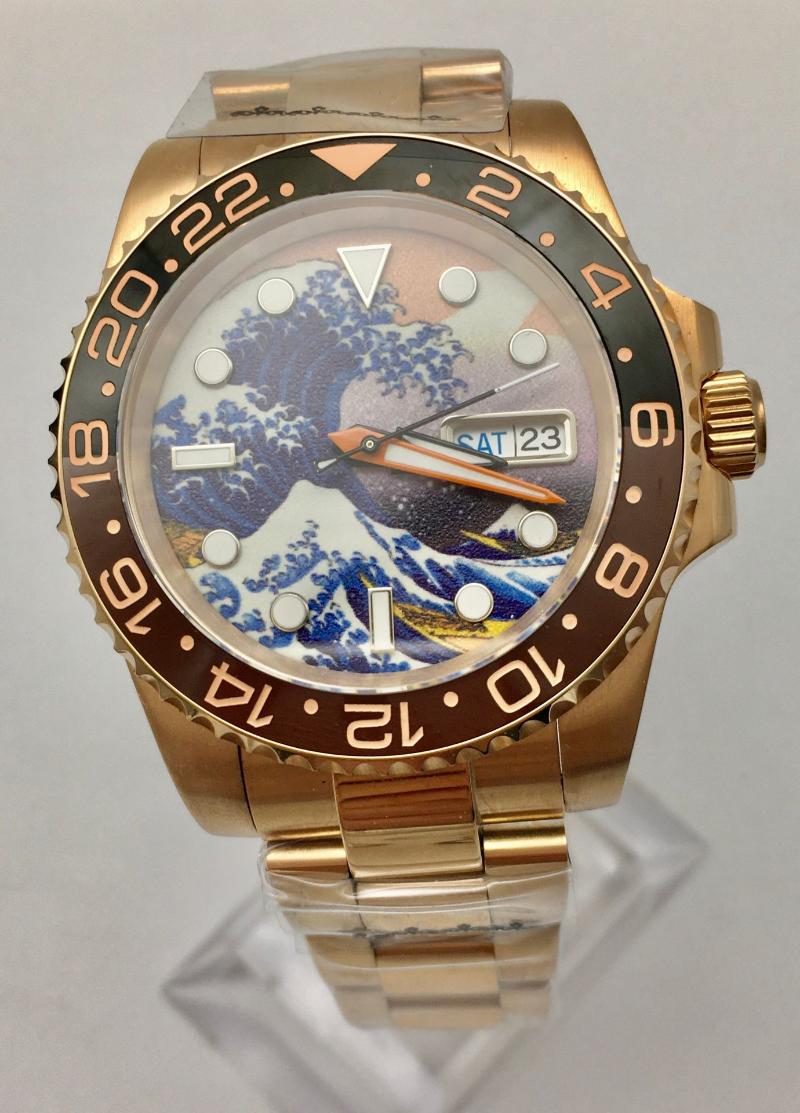

Wristwatches 40MM Kanagawa Surf Dial Calendar Day Display NH35 Watch Japanese Movement Rose Gold Plated Stainless Steel Case Automatic Men's, Hs2