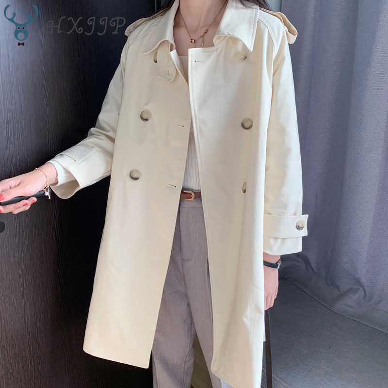 

Spring Autumn Windbreaker Women's Korean Long Sleeve Over Knee Loose Casual Coat Turn-down Collar Sashes Women Trench 210607, Black