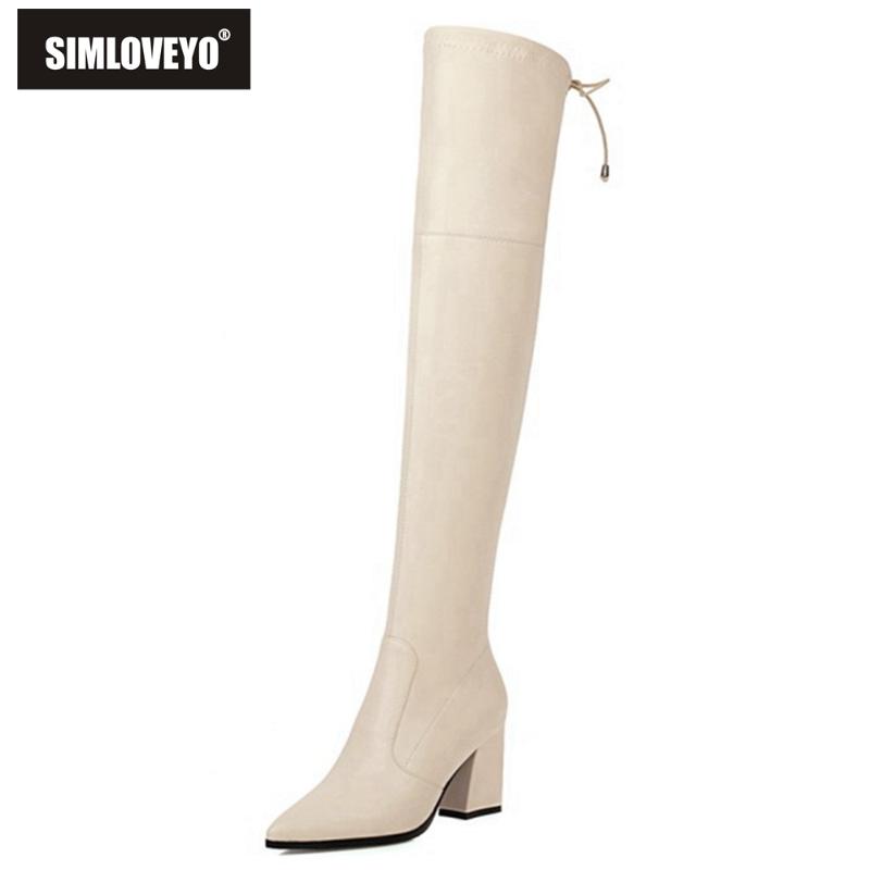 

Boots SIMLOVEYO 2021 Over The Knee Stretch Sexy Zip Lace Up Pointed Toe .5CM Block Heel US15 Black Silver Apricot Yellow A4439