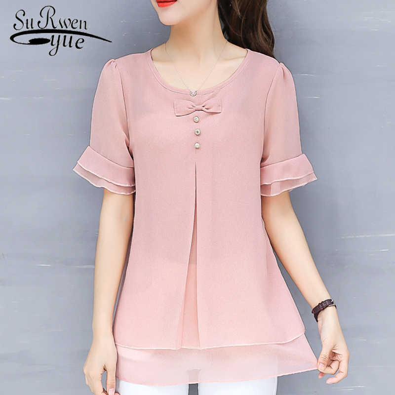 

Plus Size Blouse Women Summer O-neck Short Sleeve Women Tops and Blouses Chiffon Blouse Top Female Blusas Mujer with Bow 210527, Pink