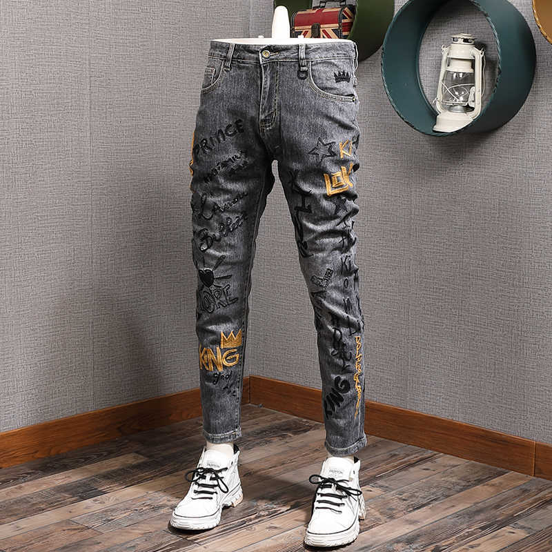 

European American Street Style Fashion Men Jeans Retro Gray Elastic Slim Fit Printed Embroidery Designer Hip Hop Pants