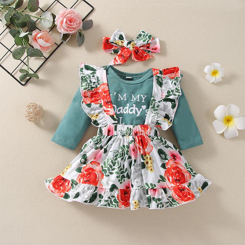 

Clothing Sets 0-18 Months Baby Girls Clothes Unique Letter Print Long Sleeve Romper And Flower Suspender Skirt Bow Headband Autumn Outfit, White
