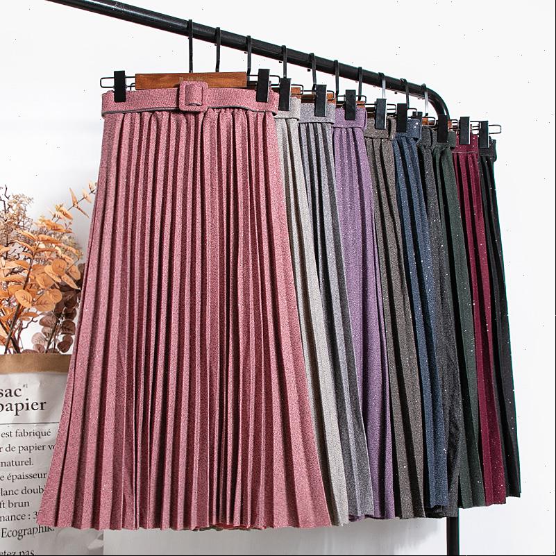 

women shiny womens skirt fashion retro style high waist pleated autumn winter lady thick warm skirts, Black
