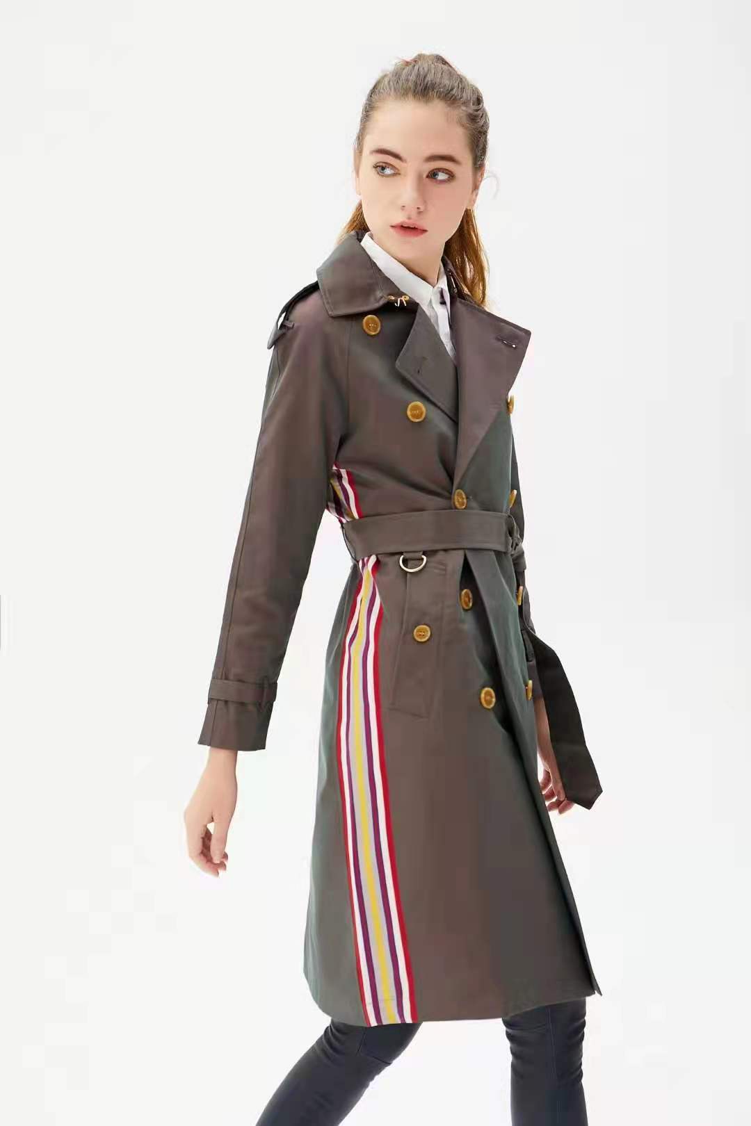 

Khaki Trench Coat Ladies Clothing Side Rainbow Belt Double-brasted Large Size Womens Clothing Slim Windbreaker Women Designer 3, Army green