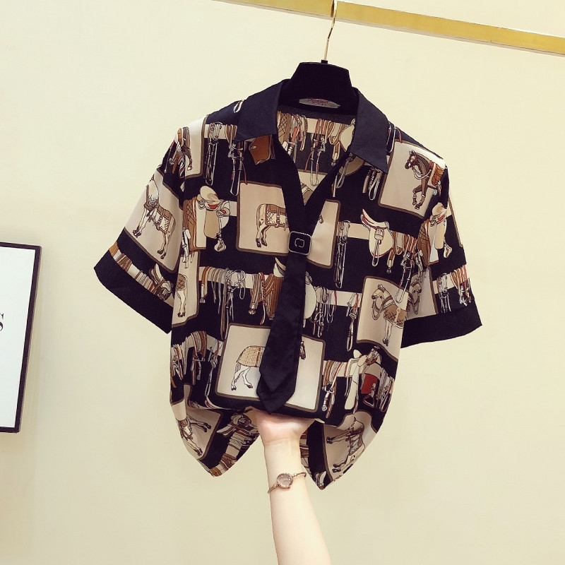 

Summer Women Turn Down Collar Print Chiffon Shirt Blouse Short Sleeve Shirts Tops Ladies All-match Blouuse Blusas A3284 210428, Beige