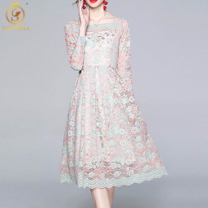 

Spring Fashion Designer Lace Hollow Out Dress Robe Women Square Collar Vintage Elegant Party Midi Vestidos 210520, Photo color