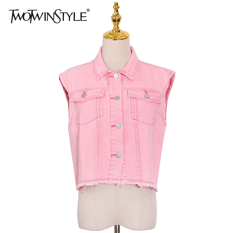 

Pink Casual Denim Vest For Women Lapel Sleeveless Patchwork Pocket Tassel Straight Coat Female Spring Fashion 210524