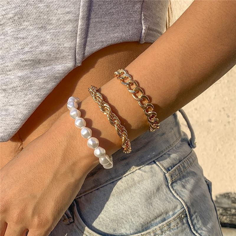 

charm bracelets 3pcs/set baroque imitation pearl bracelet bangle hip hop gold color twisted rope chain chunky thick women jewelry, Golden;silver