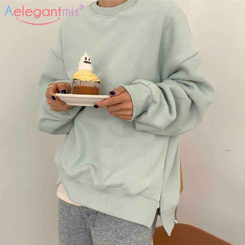

Aelegantmis Oversized Loose Sweatshirt Women Autumn Winter Fleece Warm Hoodie Female Solid Color Long Sleeve Pullovers Hoodies 210607, Yellow