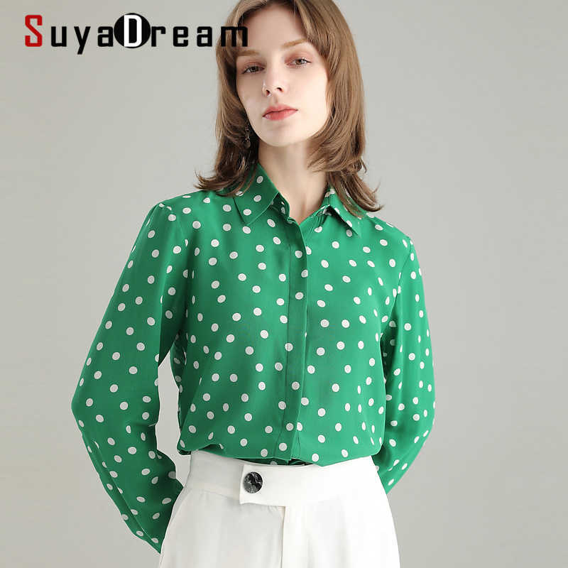 

SuyaDream Silk Shirts 100% REAL SILK CREPE Polka Dots Long Sleeve Green Office Chic Blouse Shirt Spring Elegant Shirt 210603