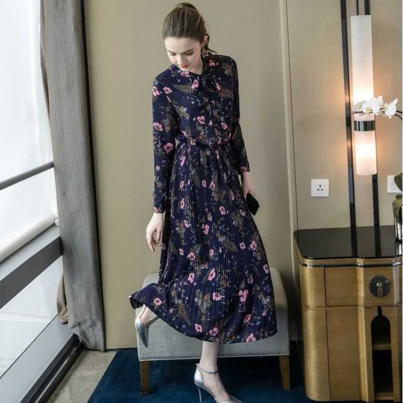 

Summer Korean Chiffon Women Dress Elegant Ladies Vintage Long Boho Floral Office Sleeve Vestidos Clothing 210601, Navy blue