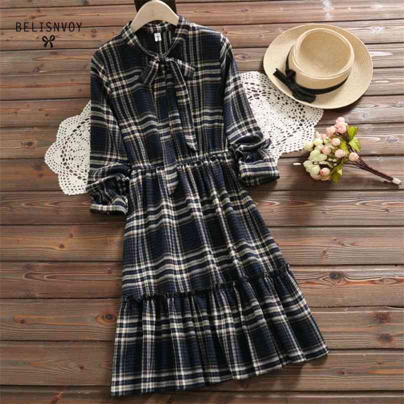 

Autumn Spring Vintage Plaid Dresses Female Elegant Bow Lace-up Elastic Waist Ruffles Ladies Chic Long Sleeve Midi 210520, Blue