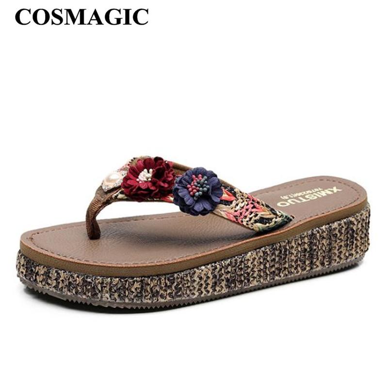 

Slippers COSMAGIC Fashion Bohemia Style Flower Flip Flops Wedge Slipper 2021 Women Summer Beach Platform Handmade Med Heel Slide, Black