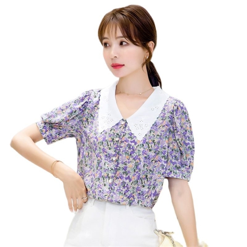 

Fashion women' shirt summer print short chiffon embroidered puff sleeve sweet taro purple top Ladies 210520