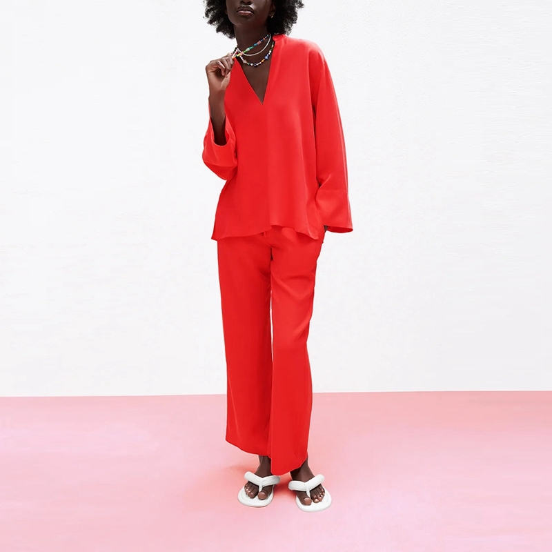 

Top and Pants Set Women Summer 2 Piece Shirt Trousers Blouse Outfit Solid Color s 210525