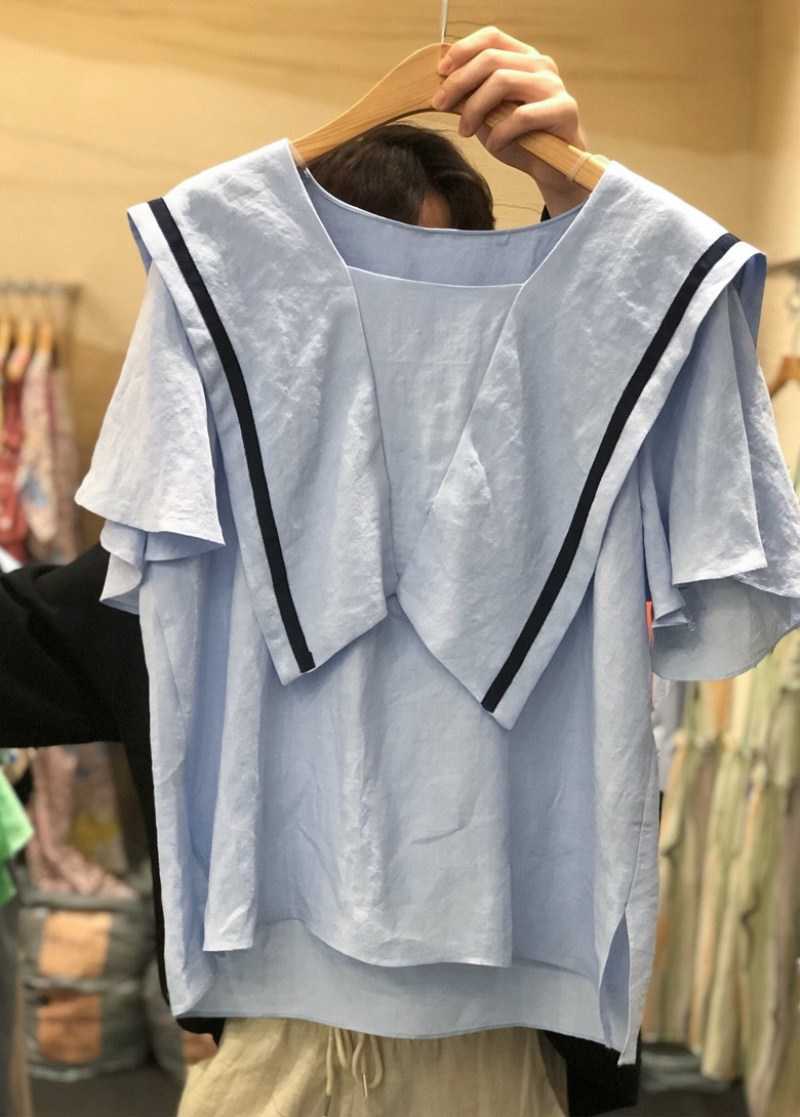 

Summer Solid All Match Sailor Collar Butterfly Sleeve T-shirt Womens Tops 210615, White