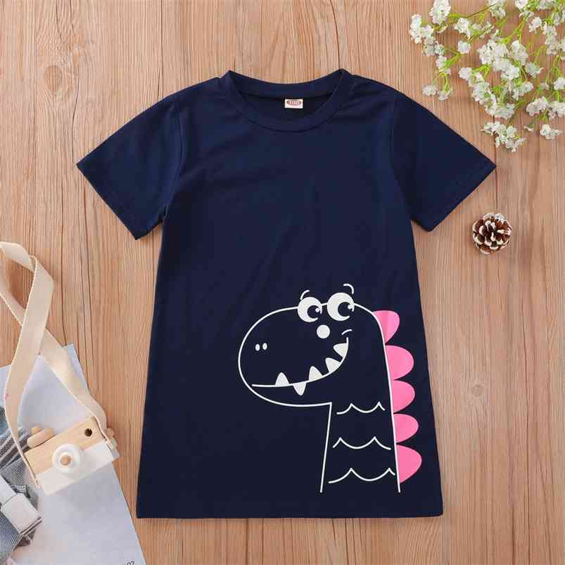 

Summer Children Short Sleeve O Neck Print Cartoon Dinosaur Cute Baby Girl Or Boys Long T-shirt 6M-5T 210629, Blue