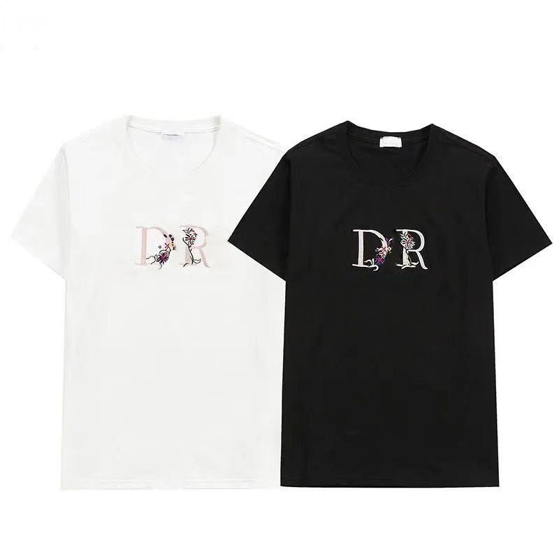 

European and American 2021 summer men's T shirt English flower color letter D embroidery R short-sleeved ladies designer tide brand cou, White;black