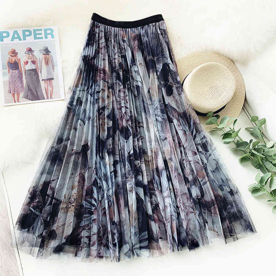 

Skirts Vintage Woman Elastic High Waist Floral Print Women A-Line Pleated Elegant Mujer Faldas Femme Jupes WZBV, Color 2