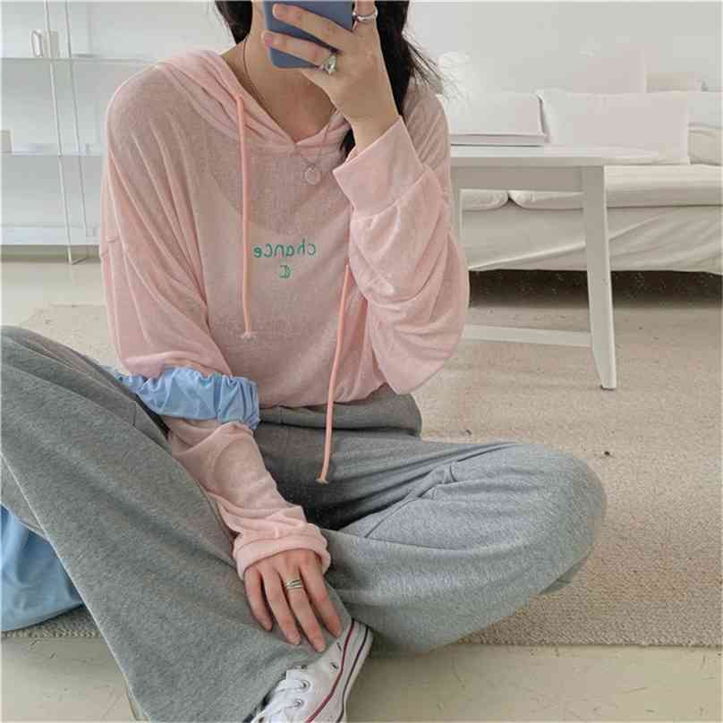 

Summer Comfortable Hooded Chic High Waist Students Sunscreen Light Casual Tee Streetwear Retro Gentle T-shirts 210525, Green