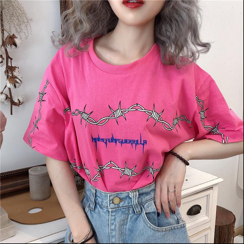

vintage streetwear clothes kpop women t shirt kawaii summer pink tee harajuku thorns loose hip hop, White
