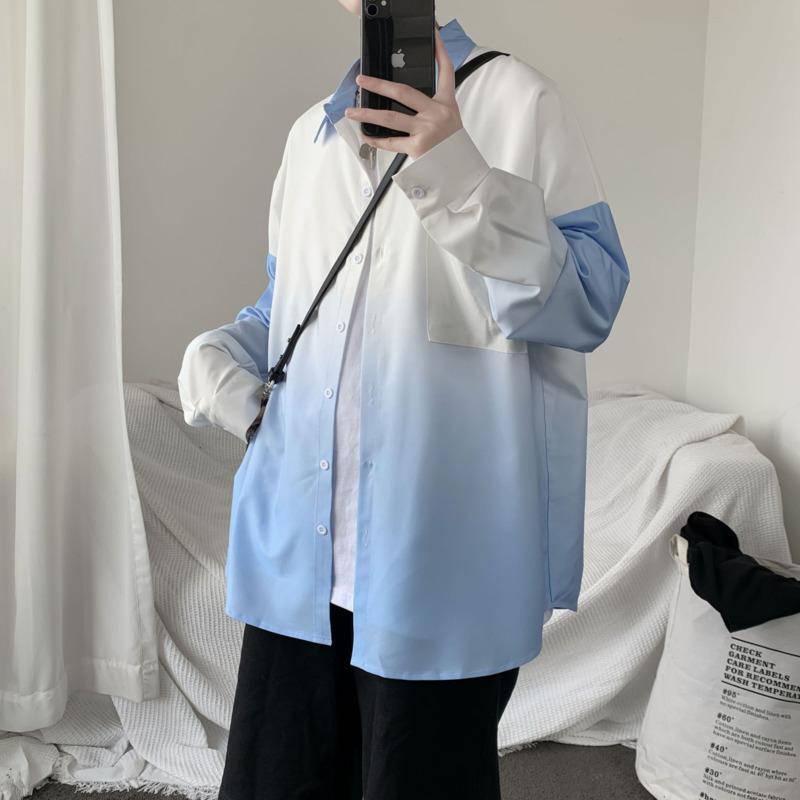 

Men's Casual Shirts Spring Summer Gradient Fashion Pocket Men Korean Loose Long-sleeved Mens Dress -2XL, White;black