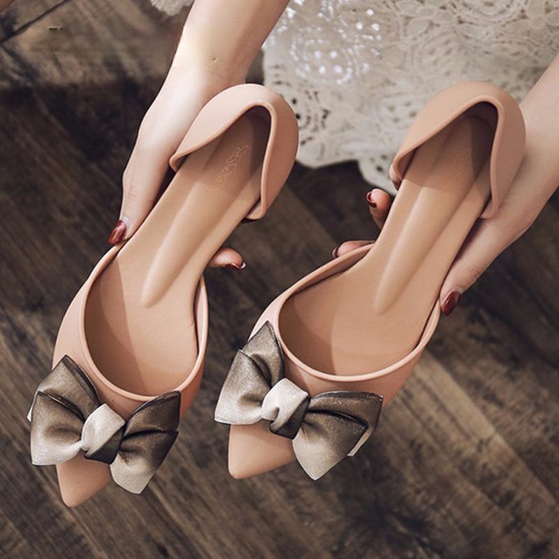 

Spring Women Shoes Bowtie Two Piece Slip On Pumps Ladies Pointed Toe Shallow Jelly Mid Heel Comfortable Female Footwear Dress, Black