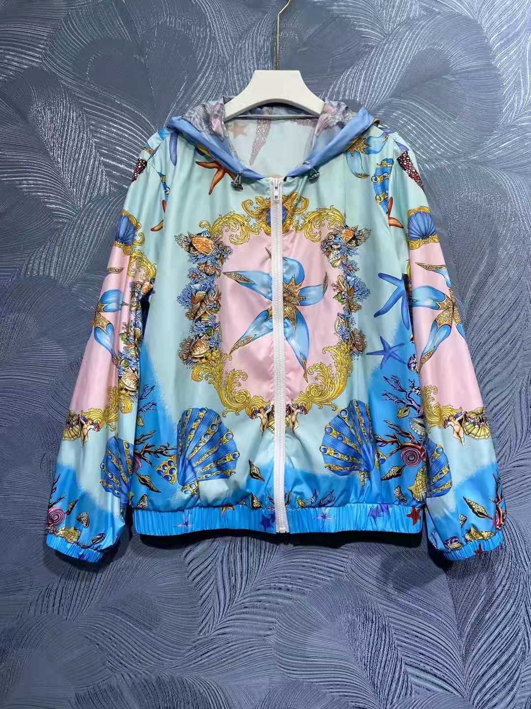 

Baroque summer hooded starfish print sun protection jacket, Black;brown