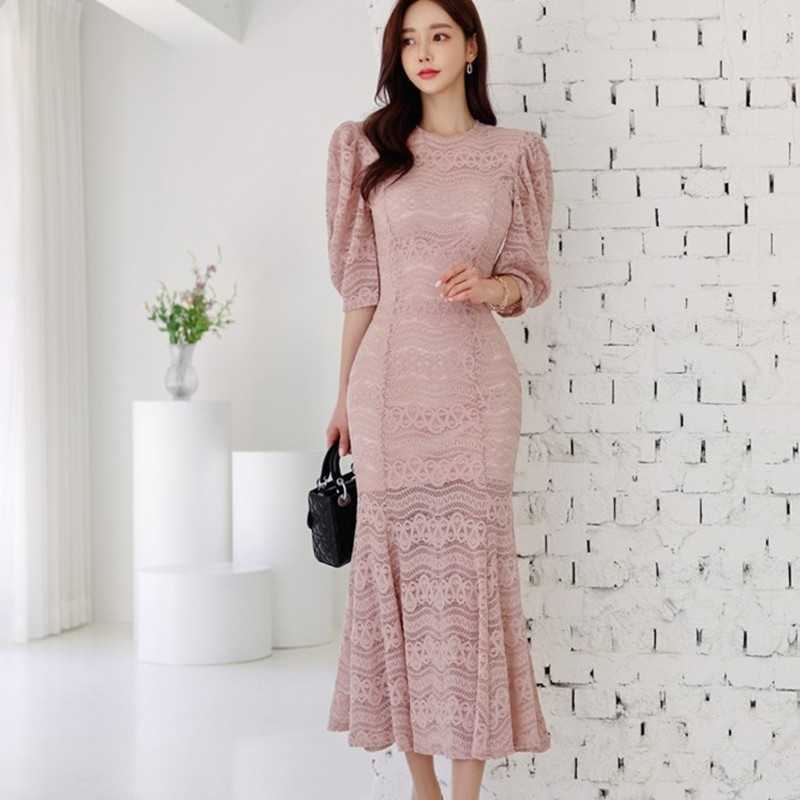 

High Quality Women Sexy O-neck Lace Vintage Party Dresses Vestidos Ladies Stitching Fashion Elegant Female Slim Dress 210525, Pink