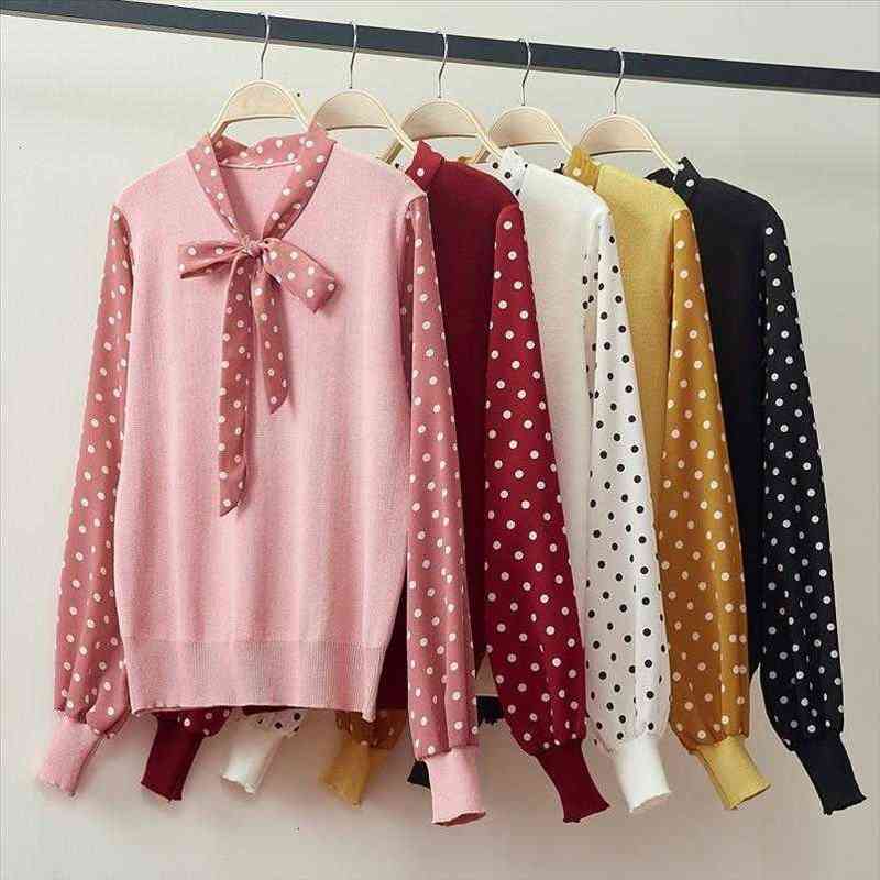 Femme pull bowknot lâche femme pull automne hiver polka dot top femme chanails