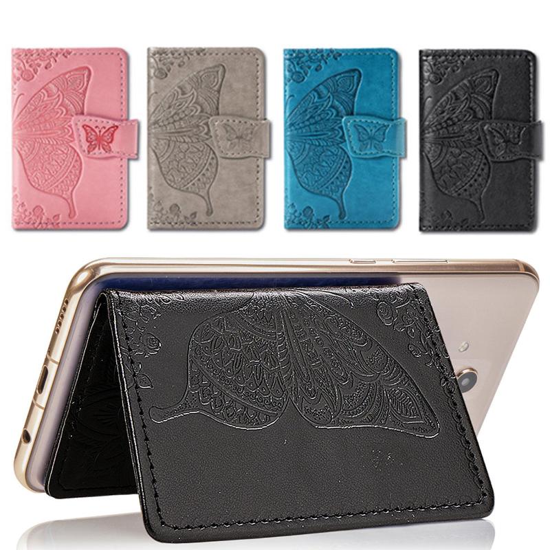 

Card Holders Universal 4 Pockets Purse Stick On Cellphone Bracket S Holder Phone ID Leather Wallet, Black