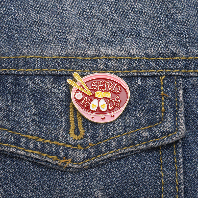 

Eggs Ramen Enamel Pin Pink Bowl Noodles Badge Custom Brooches Bag Clothes Lapel pin Cartoon Food Jewelry Gift for Kids Friends, As picture