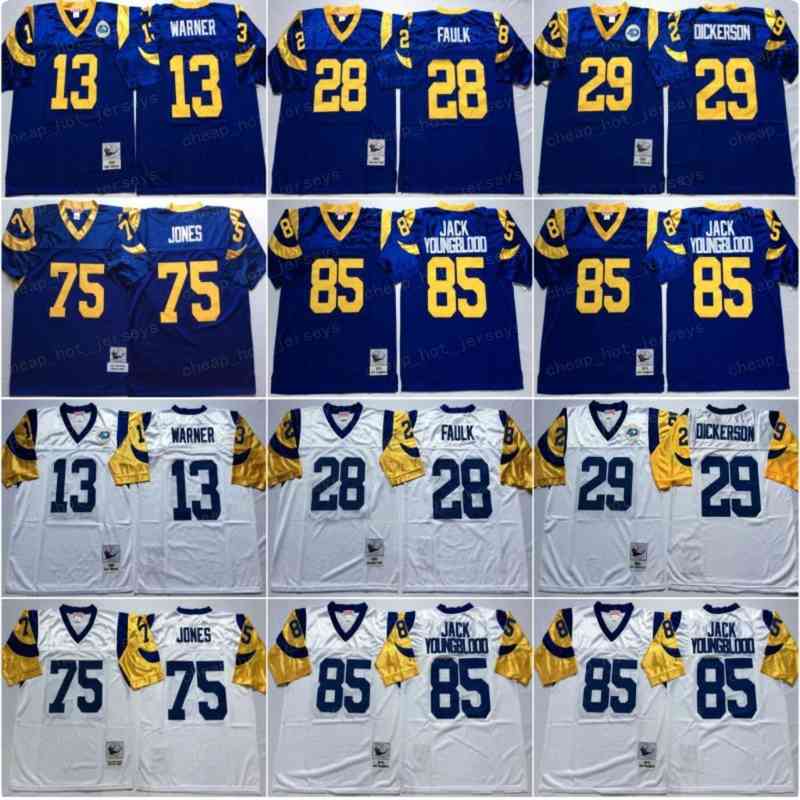 

NCAA Football 29 Eric Dickerson 13 Kurt Warner 28 Marshall Faulk Jersey 85 Jack Youngblood 75 Deacon Jones Blue White Mans Vintage, Men