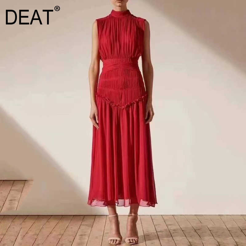 

[DEAT] Stand Collar Solid Patchwork Sleeveless Pleated High Waist Ankle Length Dress For Women Mall Goth Summer 210527, Purple