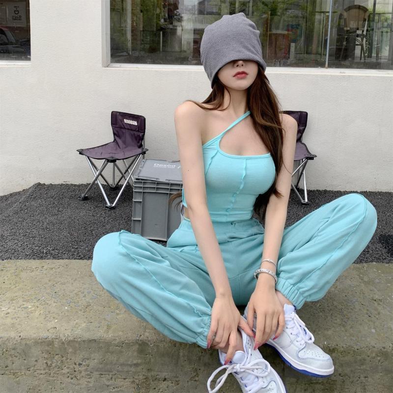 

Women's Two Piece Pants Sports Fashion Vest Long Set Short Cut Hollowed Chest Sexy Top And Loose High Waist Knit Pieces, Khaki vest only