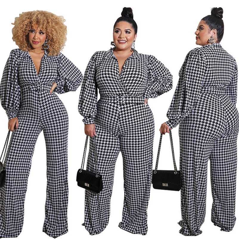 

Plus Size Jumpsuits Women Lapel Romper Elegant Bird Lattice Straight Trouser Jumpsuit With Sash Wholesale Drop 211029, Black white