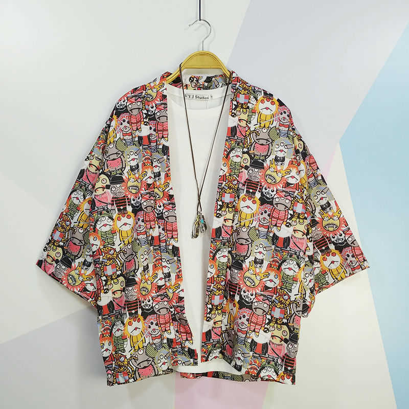 

Prowow Spring Men Loose Hong Kong Style 3/4 Sleeve Kimono Traditional Male Kimono Cardigan Men Harajuku Streetwear Male 210708