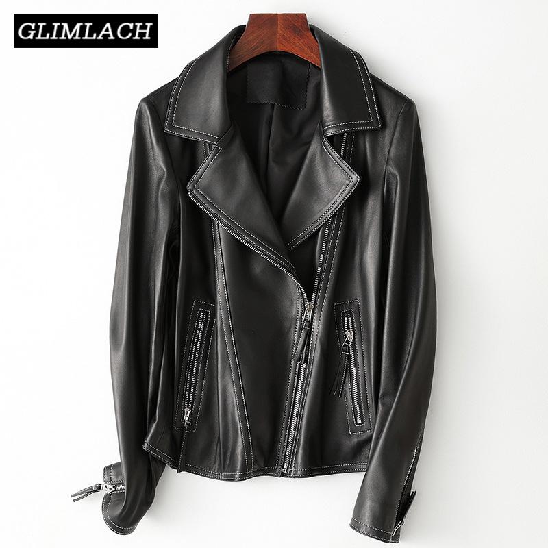 

Women's Leather & Faux Ladies Real Sheep Jacket Luxury Lambskin Black Slim Genuine Coat Lapel Motorcycle Biker Outwear Women Streetwear