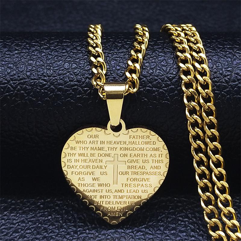 

Pendant Necklaces Stainless Steel Heart Cross Bible Pendants Gold Color Christianity Choker Necklace Jewelry Collier Coeur XH308S05