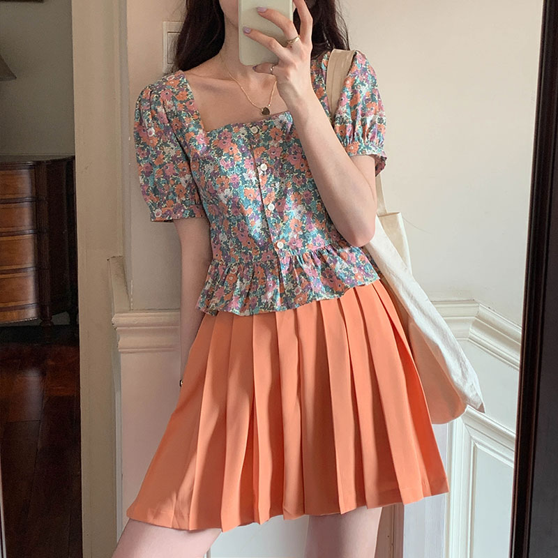 

2 colors femme womens tops 2021 summer korean vintage style square collar floral print short sleeve shirt women blouses (X1367), White